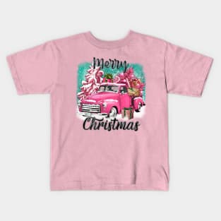 Pink rustic truck, vintage Christmas truck, merry Christmas, pink Christmas Kids T-Shirt